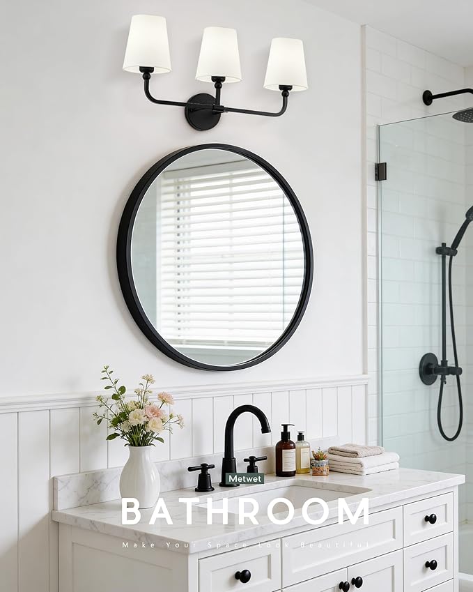 Bathroom Light Fixtures, 3-Light Matte Black Vanity Lights with Flared Beige Fabric Shade, Vintage Sconces Wall Lighting for Hallway Bedroom, VL837-MB-B-3