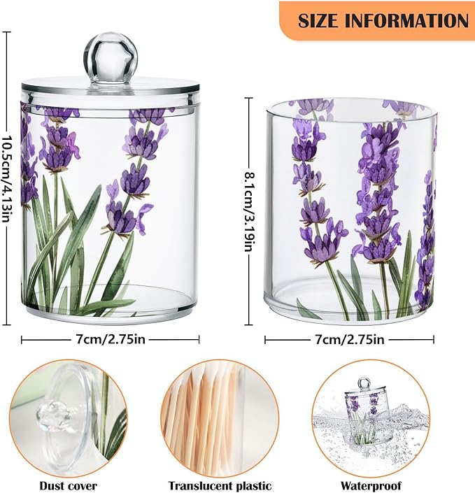 4 Pack Qtip Holder Dispenser Purple Lavender Watercolor Flower Cotton Ball Cotton Swab Round Pads Floss Clear Bathroom Storage Containers Plastic Apothecary