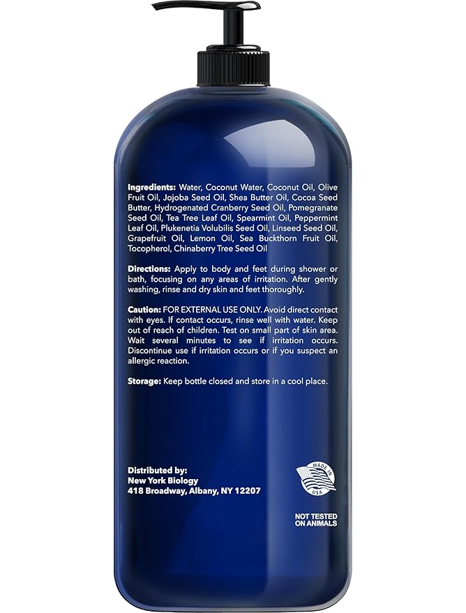 New York Biology Tea Tree Mint Body Wash for Men and Women - Moisturizing Body Wash Helps Soothe the Skin - Refreshing and Hydrating Cleanser for Body and Feet - 16.9 Fl Oz