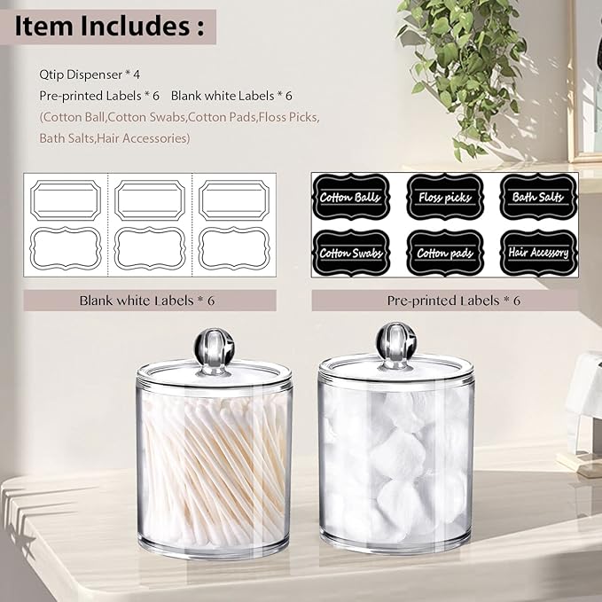SheeChung 4-Pack Clear Acrylic Apothecary Jars - (2) 12oz & (2) 10oz Qtip Holder Set - Shatterproof Bathroom Vanity Organizer for Cotton Swabs,Balls,Pads,Floss Picks