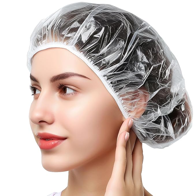 Smilco Disposable Shower Caps 100PCS - 18.1 Inch Large Plastic Hair Cap, Clear Elastic Waterproof Bath Caps - Travel Essentials, Bathing Accessories