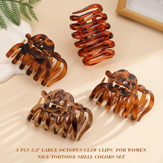 4 PCS 3.8" Octopus Hair Claw Clips, Large Tortoise Shell Claw Clips for Women Girls, Strong Grip for Thick Hair, Hair Accessories for Girls Gifts