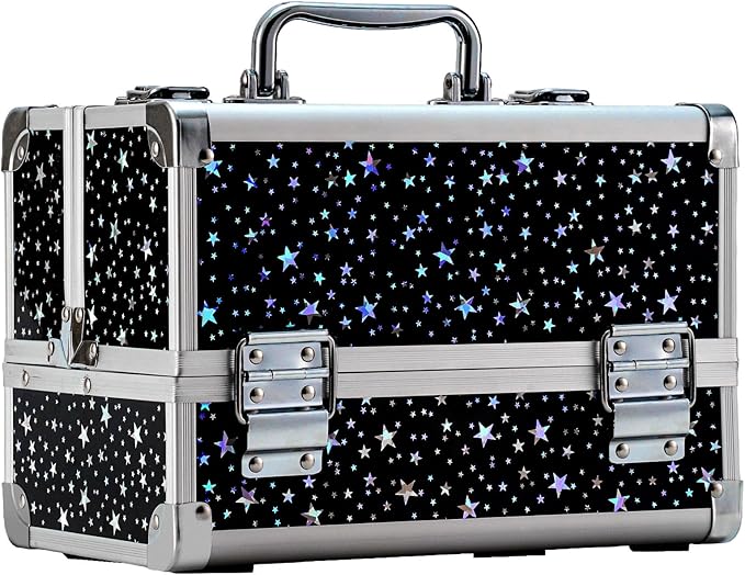 Leeora&Leekoo Makeup Train Case Cosmetic Box Portable Makeup Case Organizer 2 Trays Makeup Storage with Mirror for Cosmetologist Aesthetic Supplies Nail Tech Traveling Makeup Box (Flashing Star)