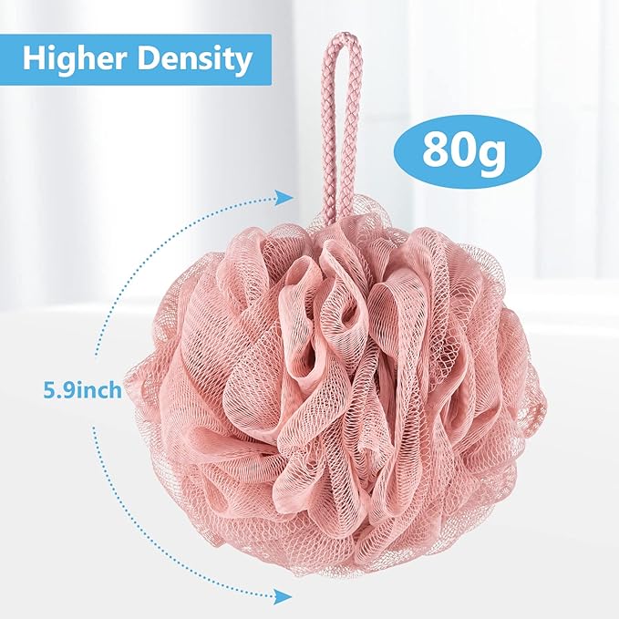 VANZAVANZU Bath Loofah Large 80g Shower Sponge Body Scrubber Mesh Pouf for Men and Women, Set of 4 (Turquoise + Pink)