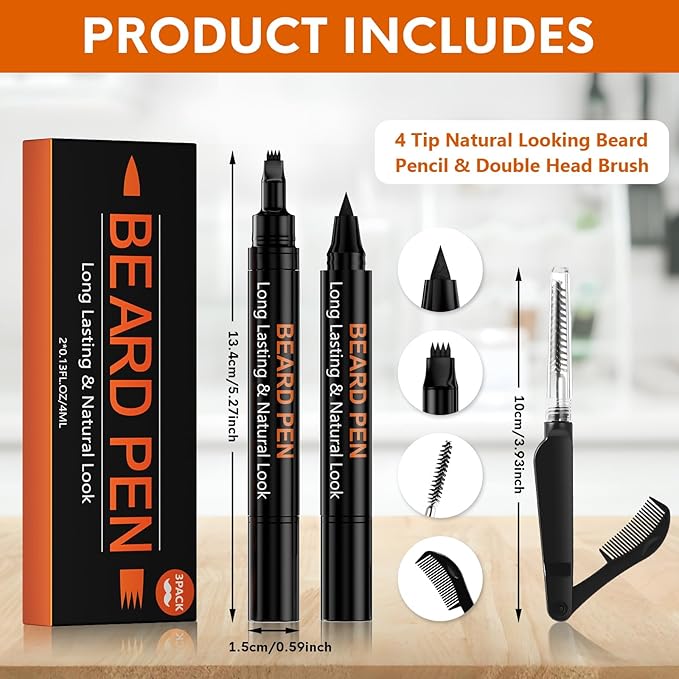 3-Pack Beard Pen Filler for Men, Waterproof & Sweat Proof Long-Lasting Beard Pen Kit with 2 Fillers & 1 Double-Headed Brush – Effectively Enhances Facial Hair (Black)