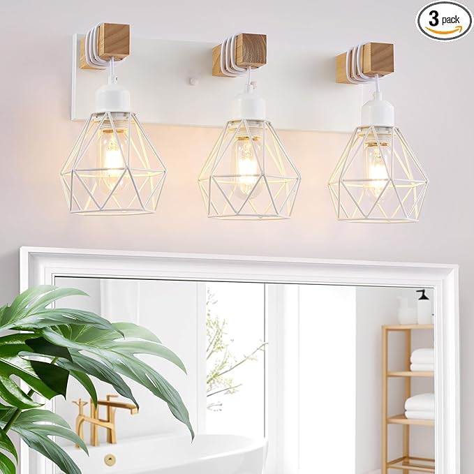 White Bathroom Vanity Light Fixtures, 3-Light Wood Bathroom Light Fixtures Over Mirror, Rustic Sconces Wall Lighting with Elegant Metal Lampshade for Living Room, Bedroom, Hallway