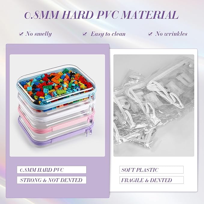 Hoolerry 4 Pcs Hard Clear Zipper Case Makeup Bags Plastic Zipper Pouch Transparent Storage Box Containers for Cosmetics, Snacks, Building Blocks, Puzzles(Clear,9.8 x 7.9 x 2 in,Multicolor)