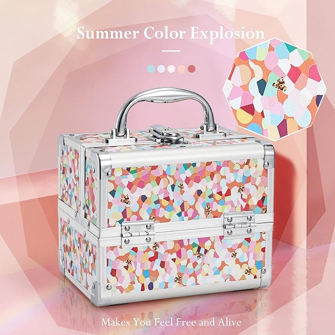 Joligrace Makeup Train Case for Girls Cosmetic Box Kids Jewelry Organizer Hair Accessories Mosaic Orange