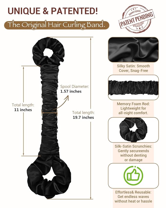 BONNET QUEEN Satin Heatless Hair Curler, Overnight Curls for Long Hair, ultra soft Heatless Curling Rod & 2 Scrunchies,Damage-Free Styling, Soft Hair Curlers for Overnight Use(Black)