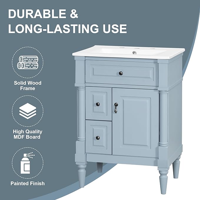 Harper & Bright Designs 24" Bathroom Vanity with Sink, Free Standing Bathroom Vanity Set with Flip Drawer, 2 Drawers, and Adjustable Shelf, Storage Cabinet with Ceramic Basin for Bathroom, Blue Grey