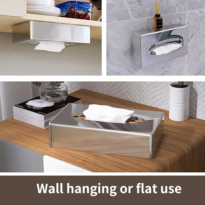 Tissue Box Cover, Rectangular Mirror Wall Mounted Facial Paper Holder Dispenser, Prefert for Storage on Bathroom Vanity, Kitchen, Night Stand, Countertops Office and Car.