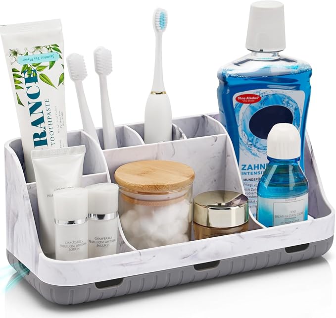 Marble Bathroom Countertop Organizer - Detachable 7 Slots Kids Electric Toothbrush and Toothpaste Holde Drainage for Bathroom Accessories Organization Counter Vanity Storage, Grey
