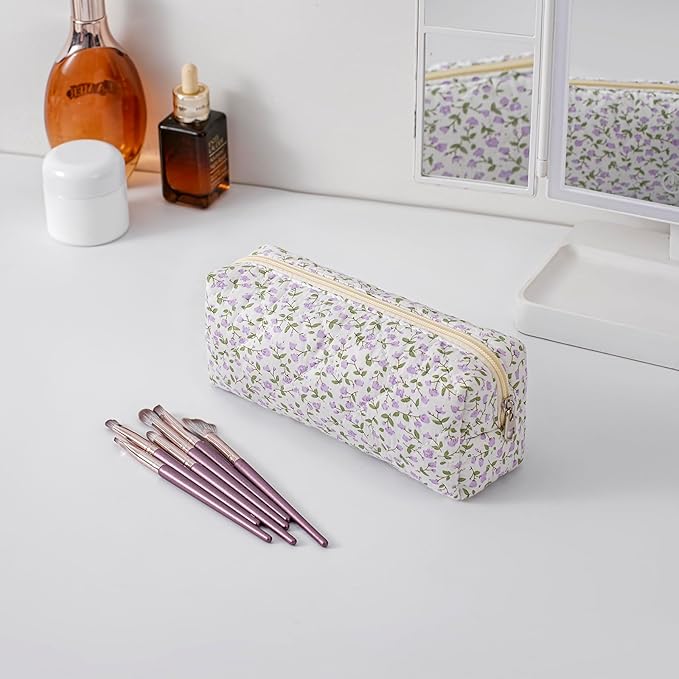 Cute Floral Makeup Brush Bag Small Cotton Quilted Cosmetic Bag for Women Travel Toiletry Zipper Make Up Pouch (Purple Floral)