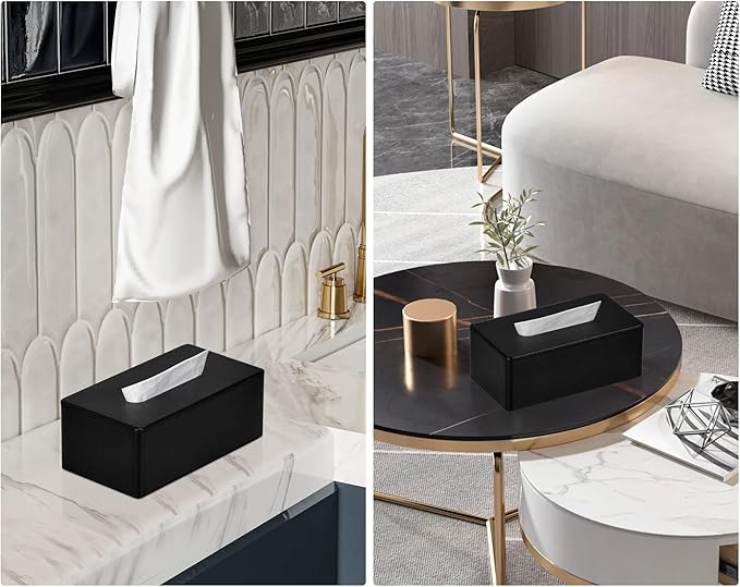 Tissue Box Cover Rectangular 9.8"(L) x 5.3"(W) x 4.3"(H) Refined Modern PU Leather Facial Tissue Dispenser Box Holder for Dresser Bathroom Decorative (Black)