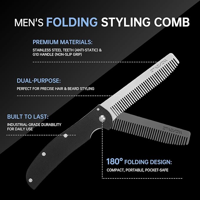 Folding Pocket Comb for Men - Stainless Steel Travel Hair & Beard Styling Tool, Compact 180° Rotating Design, Smooth Rounded Teeth, Portable Grooming Comb