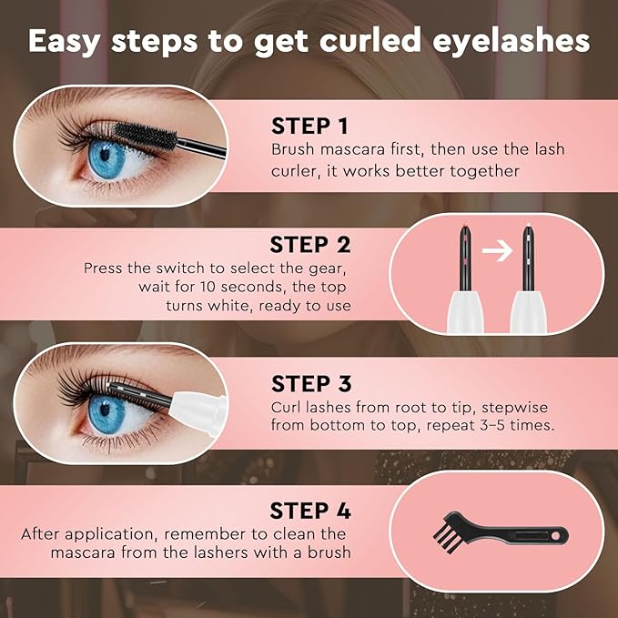 Heated Eyelash Curler, Electric Eyelash Curler for Fast Heat up Within 10s - 24 Hours Long Lasting, 2 Temp Settings Makeup Tools Safe & Portable Lash Curler with USB Charging