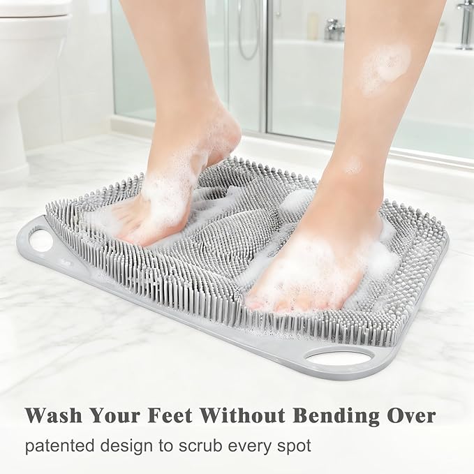 FREATECH Large Shower Foot Scrubber Mat, Silicone Foot Cleaner Brush to Clean, Exfoliate and Massage Feet Without Bending Over, Improve Foot Appearance and Overall Health, Grey - 17.3" x 13"