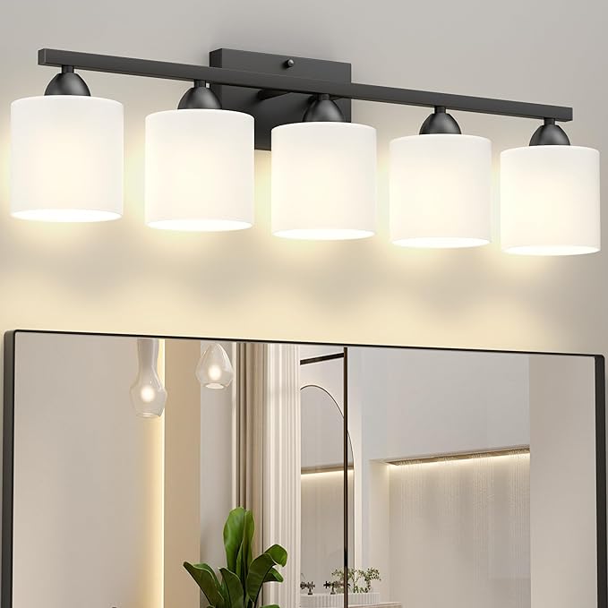 Bathroom Black Lighting Fixtures Over Mirror, Anti-Rust 5-Light Bathroom Vanity Lights,Milky White Glass Shades