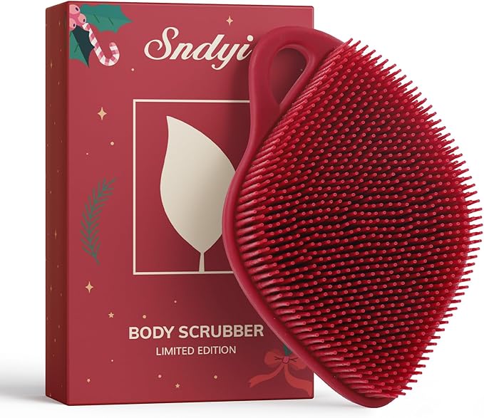 Sndyi Silicone Body Scrubber, Leaf-Shaped Shower Brush for Gentle Cleanse & Exfoliation, Soft Silicone Loofah Body Brush for Sensitive Skin, Romantic Gift for Her/Him, Festive Red