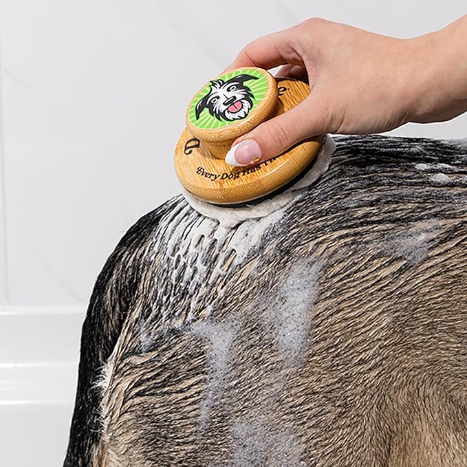 Bamboo Bath Scrubber with Soft Silicone Bristles, Size Large, Pet Scrubber for Shedding, Bathing & Massaging, Eco-Friendly, Doggy Style Large Dog Grooming Brush