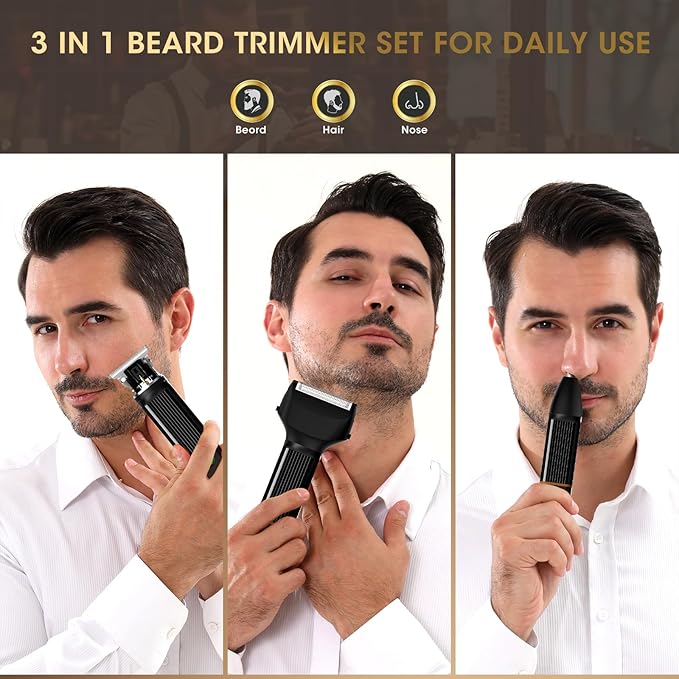 Lanumi 3-in-1 Beard Trimmer Kit for Men - Rechargeable Electric Hair Trimmer with Nose Hair Trimmer & Shaver - Cordless Grooming Set for Beard, Mustache, Body Hair - Men’s Gift