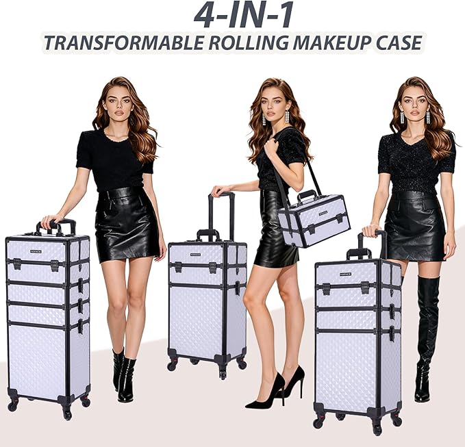 TOPACK Professional 4-In-1 Rolling Makeup Train Case, Large Makeup Travel Case with Key Shoulder Strap/Handle Cushion，Makeup Train Case Organizer，Cosmetology Case on Wheels I White