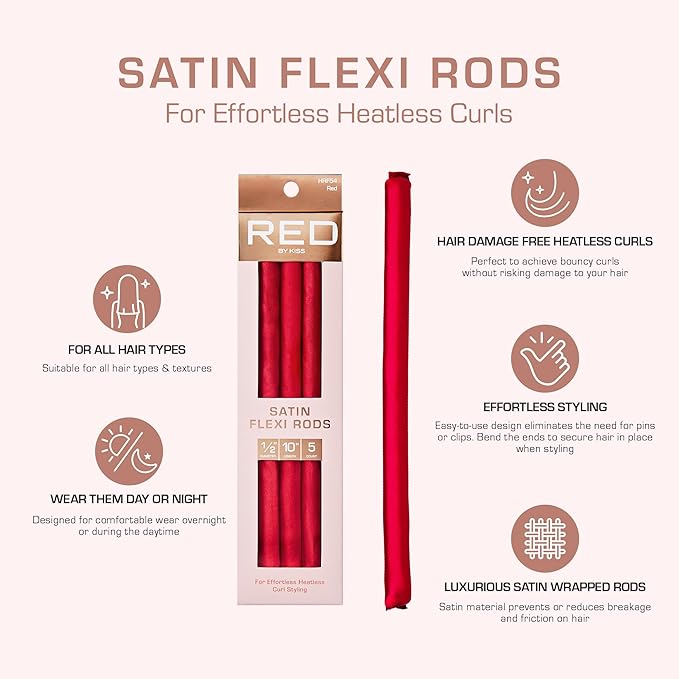 Red by Kiss Satin Flexi Heatless Curling Rods, Damage Free & Frizz Free No Heat Soft Curls, Silky Satin to Prevent Breakage, Comfortable Pin-Free Styling, Gentle Rollers for All Hair Types