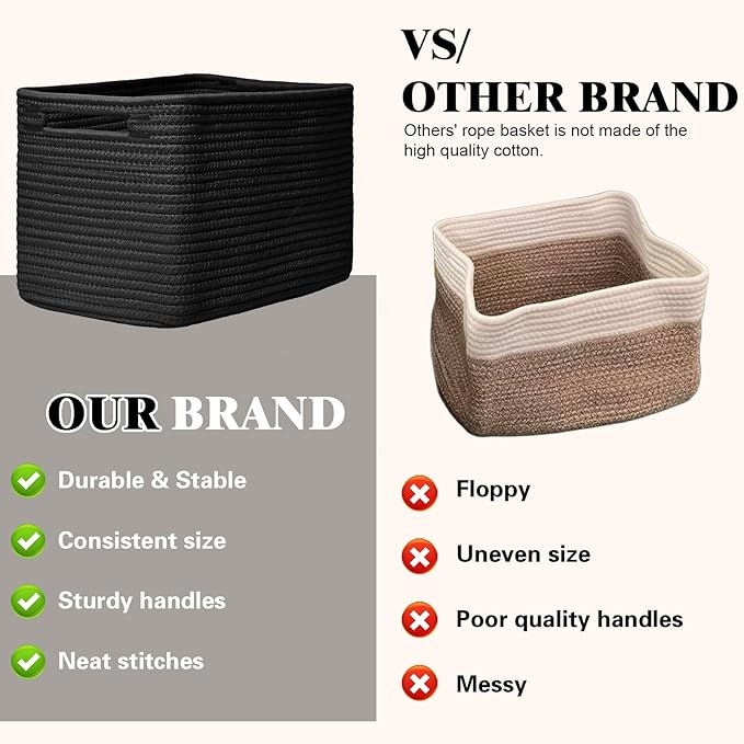 Storage Baskets for Organizing, 4 Pack Baskets for Shelves, Decorative Storage Bins for Shelves, Cotton Rope Storage Basket with Handles, Woven Basket for Storage, 13''Lx8.7''Wx7.9''H, Black