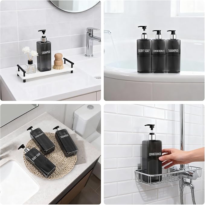 Segbeauty 16.9oz Empty Black Hand Soap Dispensers, 3pcs Large Plastic Lotion Pump Bottle, Refillable Square Pump Bottles for Shampoo and Conditioner, 500ml Pre-printed Bathroom Body Wash Gel Container
