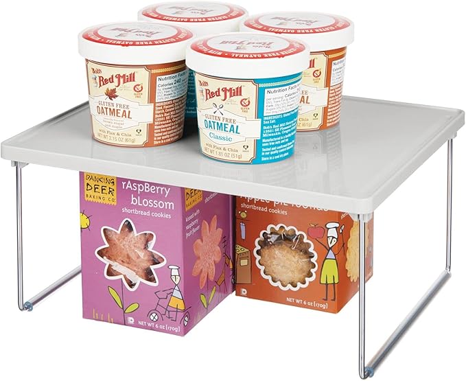 mDesign Metal Stacking Storage Organization for Shelves Inside Cabinets in Kitchen, Pantry, Cupboard, or Fridge/Freezer - Organizer Stand for Food, Plates, Bowls, Mugs, Ligne Collection - Stone Gray