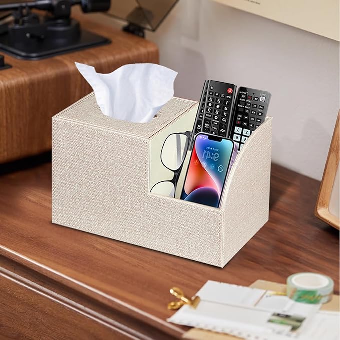PU Leather Square Tissue Box Cover - Multi-Functional Tissue Box Holder, Tissue Box Cover with Storage ,Tissue and Remote Control Holder, Cube Tissue Box Organizer Bedroom Nightstand End Table