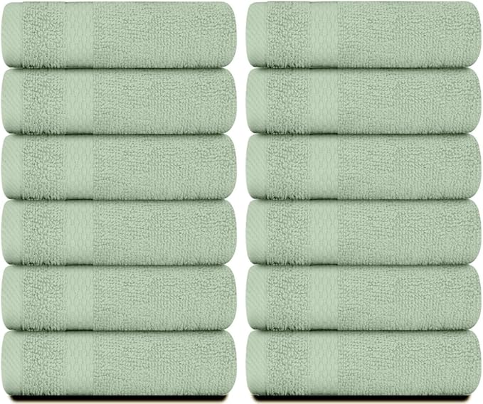 White Classic Luxury Cotton Washcloths 13x13 Inch - 650 GSM Turkish Cotton | Hotel, Spa, Bathroom Face Towel | 12 Pack, Light Green