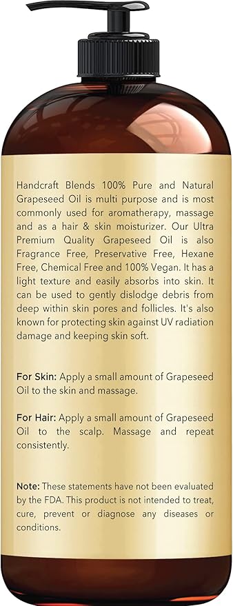 Handcraft Blends Grapeseed Oil | 100% Pure and Natural | Bath & Body Oil | Premium Grade Carrier Oil | Skin | Hair | Body | Massage | Cold-Pressed | Hexane-Free | 16 Fl Oz (Pack of 2)