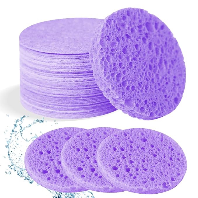 50-Count Facial Sponges Compressed Natural Cellulose Sponge Round Shape Face Sponge for Face Cleansing Exfoliating and Makeup Removal, Purple