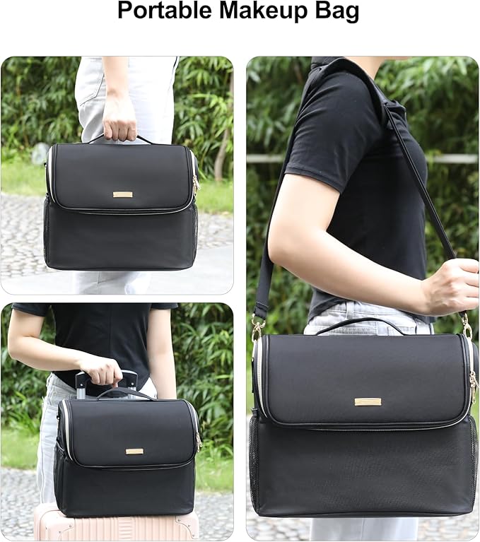 Large Makeup Carrying Train Case, Makeup Bag with 2 Small Bags, Professional Makeup Artist Bag Tattoo Case Travel Makeup Organizer Box with Adjustable Dividers and Shoulder Strap (Black)