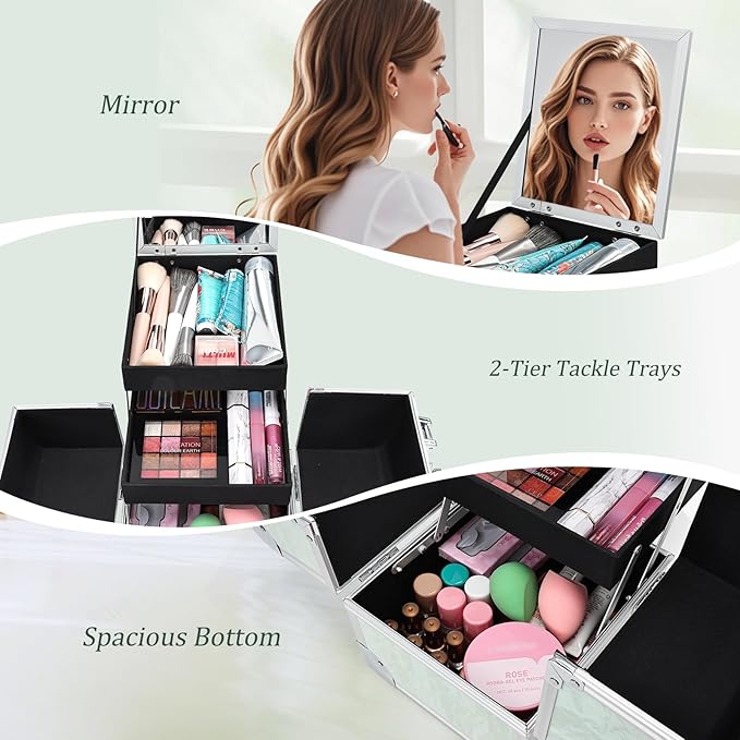 Costravio Makeup Train Case Organizer Box, Tavel Make-up Cosmetic Storage, Nail Supplies Storage Organizer with 2-Tier Tackle Trays & Mirror, Portable Lockable Carrying Case for Women or Girls