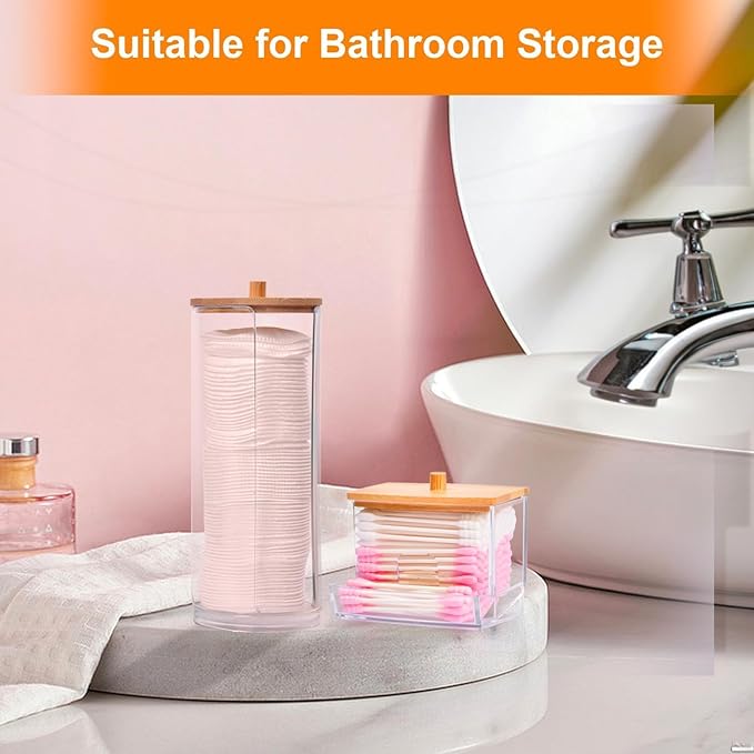 2 PCS Cotton Swab Dispenser, Pad Holder with Bamboo Lids, Qtip Bathroom Qtip Storage Container Bathroom Canisters with Lids, Cotton Round Dispenser for Floss Hair Ties Jewelry