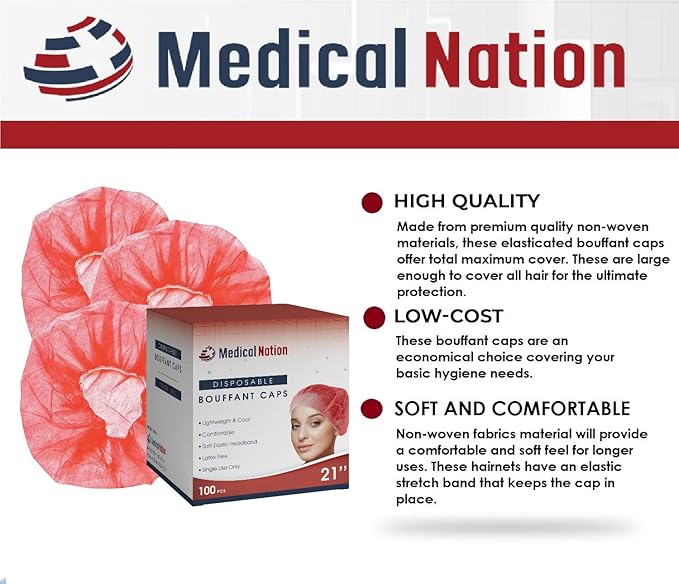 21" Disposable Bouffant Caps | CASE of 1000, RED | Hairnets, Non-Woven, Non-Pleated Head Hair Covers | for Medical, Labs, Nurse, Tattoo, Food Service, Hospital, Cooking - Size 21" Red