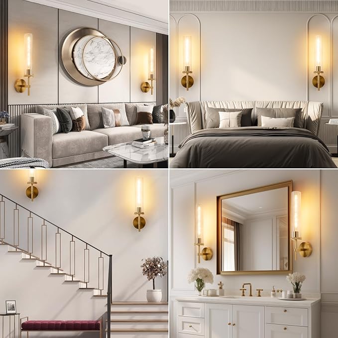 19.5" Knurled Gold Hardwired Wall Sconces Set of 2, Bathroom Vanity Light Fixtures with Clear Glass Tube, Modern Lamp Lighting for Bedroom, Living Room, Hallway, Staircase, Mirror, Kitchen