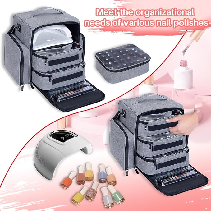 Nail Polish Organizer Storage Box, Holds 90 Bottles of Nail Polish, Portable Travel Case with 3 Separate Storage Bags, Can Be Used for Nail Art Supplies, Manicurists, etc Grey