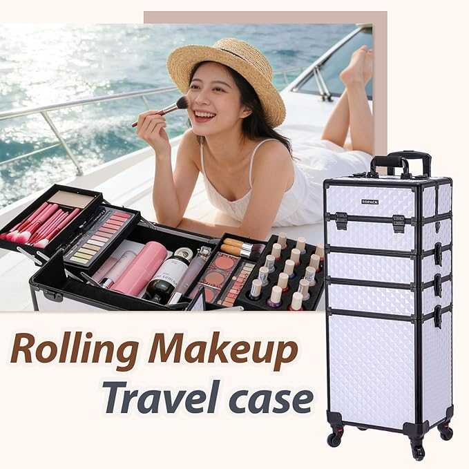 TOPACK Professional 4-In-1 Rolling Makeup Train Case, Large Makeup Travel Case with Key Shoulder Strap/Handle Cushion，Makeup Train Case Organizer，Cosmetology Case on Wheels I White