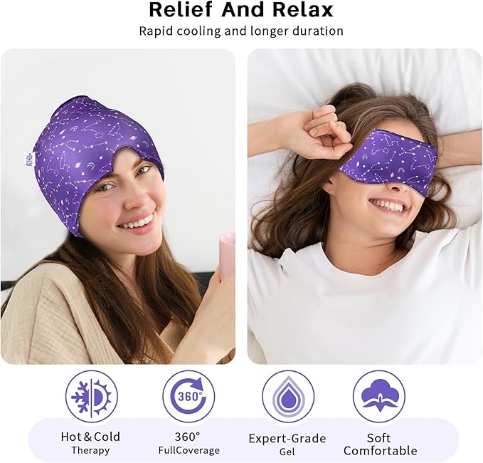 Migraine Relief Cap, Gel Cooling 2 Pack Set, Headache Relief with Hot/Cold Ice Cap, Instant Headache Relief, Reusable Ice Pack for Stress Sinus Relief Migraine Mask Gift for Women Man
