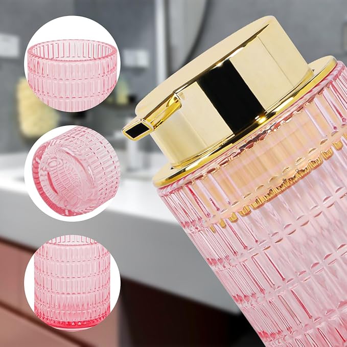 Foaming Soap Dispenser, Pink Glass Foam Soap Dispenser for Bathroom and Kitchen, 10 Oz Refillable Foaming Pump Bottle with Large Pump, Ribbed Bottle Container Decor