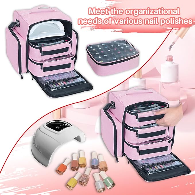 Nail Polish Organizer Storage Box, Holds 90 Bottles of Nail Polish, Portable Travel Case with 3 Separate Storage Bags, Can Be Used for Nail Art Supplies, Manicurists, etc Pink