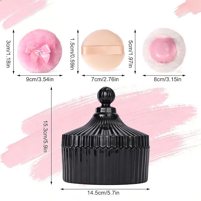 Extra Large Body Powder Puff and Container Set Crystal Powder Container with 3 Soft Velour Power Puffs for Women Baby Face Body Washable Reusable Wet Dry Makeup Mother's Day Gifts (Black)