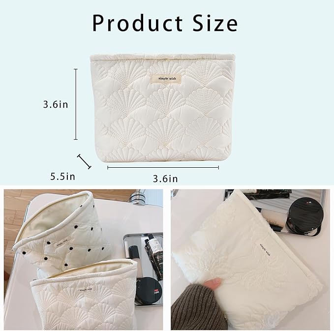 uekeboag White Quilted Cotton Makeup Pouch,Coquette Quilted Toiletry Bag for Women and Girls, Floral Coquette Organizer Bag, Aesthetic Travel Cosmetic Bags(03White Shells)