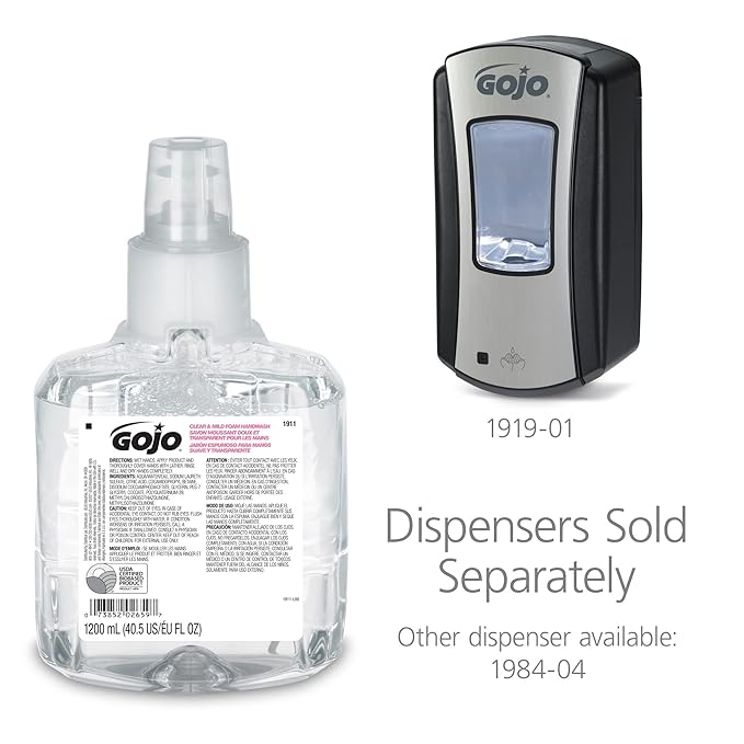 GOJO Clear & Mild Foam Handwash, EcoLogo Certified, 1200 mL Foam Hand Soap Refill LTX-12 Touch-Free Dispenser (Pack of 2) - 1911-02