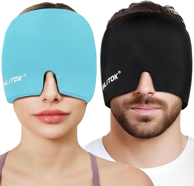 Migraine Relief Gel Ice Head Wrap, Hot and Cold Therapy Headache Relief Hat, Migraine Cap for Puffy Eyes, Headache Eyes Mask for Sinus, Tension and Stress Relief (Black & Blue)