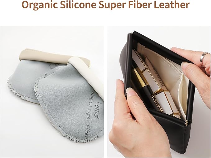 2 Pack Small Makeup Bag for Women, New Organosilicon Super Fiber PU Leather Mini Cosmetic Bag for Travel, Coin Purse Organizer Storage Pouch (Printed with Phrase, Black)