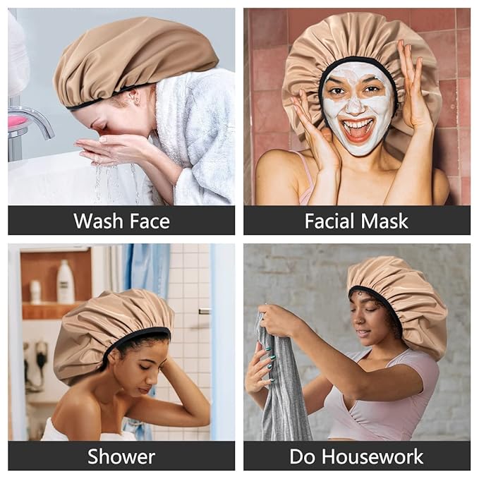 Auban Extra Large Shower Cap for Braids, Double-Layer Waterproof Reusable Satin Lining XL Shower Cap for Women Long Hair, Locs, perms (khaki)